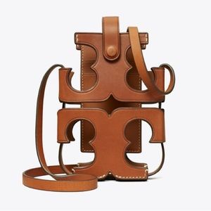 New Tory Burch Cut Out Logo Phone Crossbody, Classic Brown Leather Small Purse